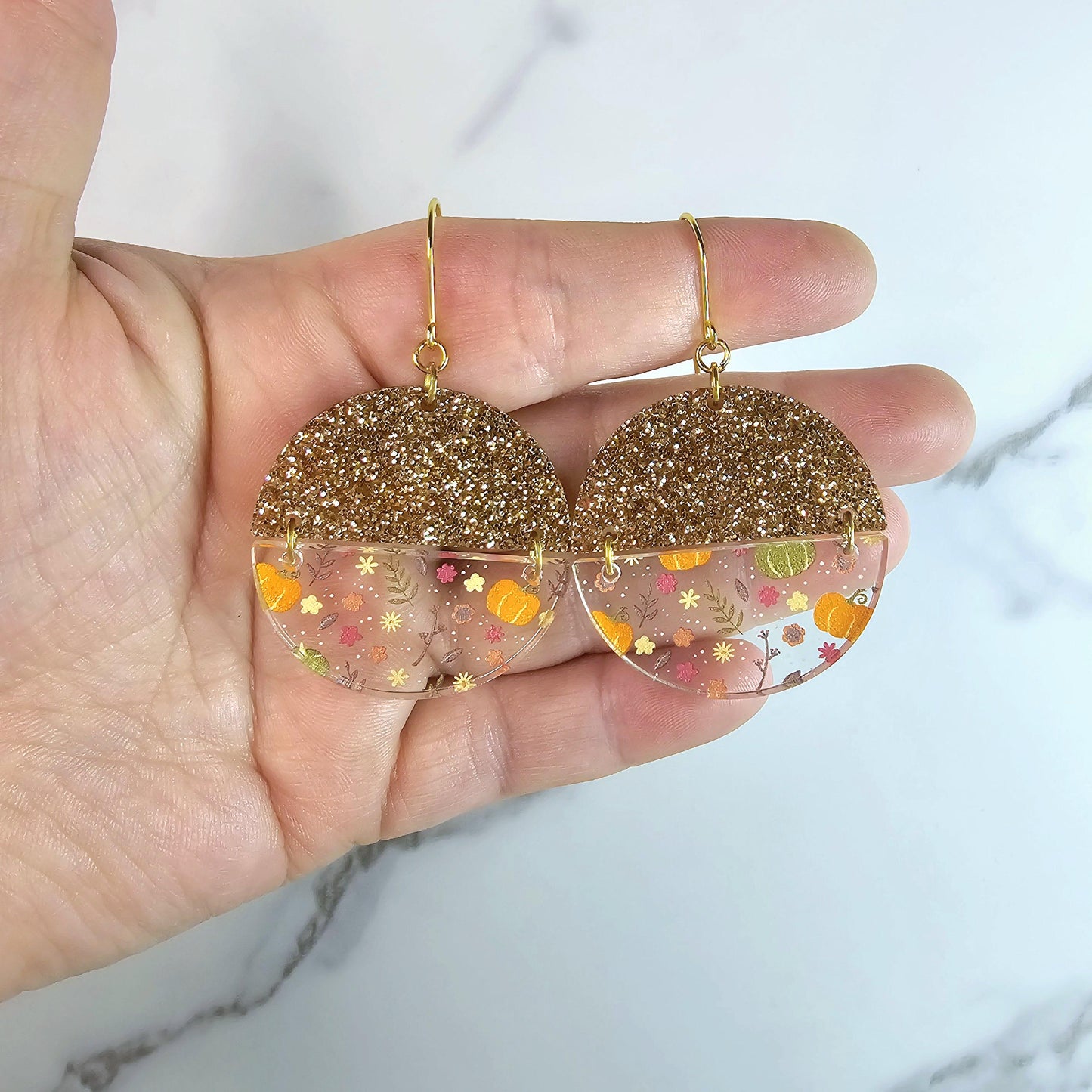 Pumpkins and Glitter Dangles, Fall Earrings, Unique Autumn Earrings, Pumpkin Earrings, Gift for Wife, Daughter, Mom, Friend, or Coworker