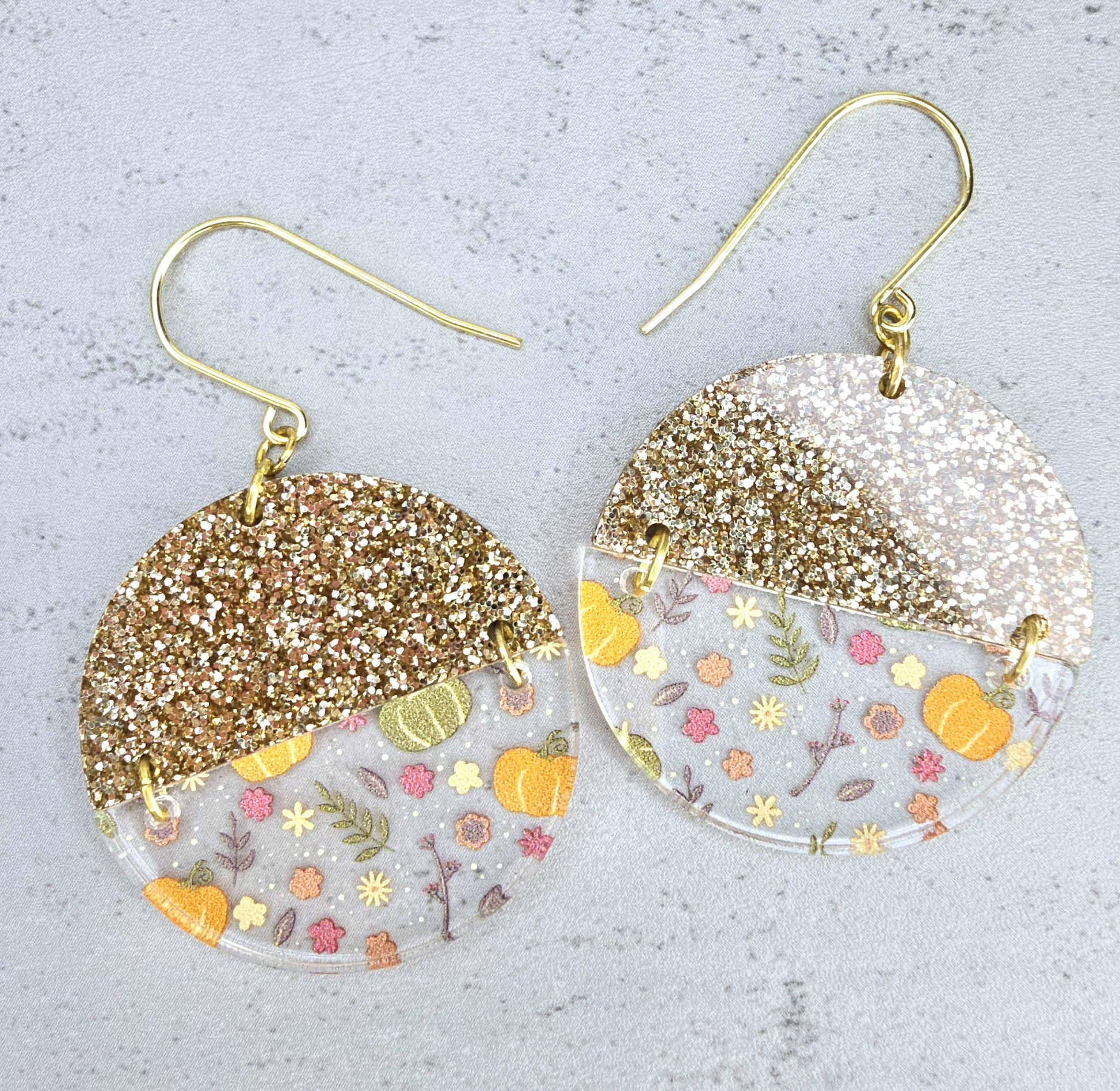 Pumpkins and Glitter Dangles, Fall Earrings, Unique Autumn Earrings, Pumpkin Earrings, Gift for Wife, Daughter, Mom, Friend, or Coworker