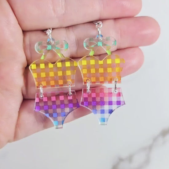 Rainbow Checkered Bathing Suit Earrings, Checkered Swimsuit Earrings, Beach Earrings, Vacation Earrings, Gift for Her, Pride Earrings