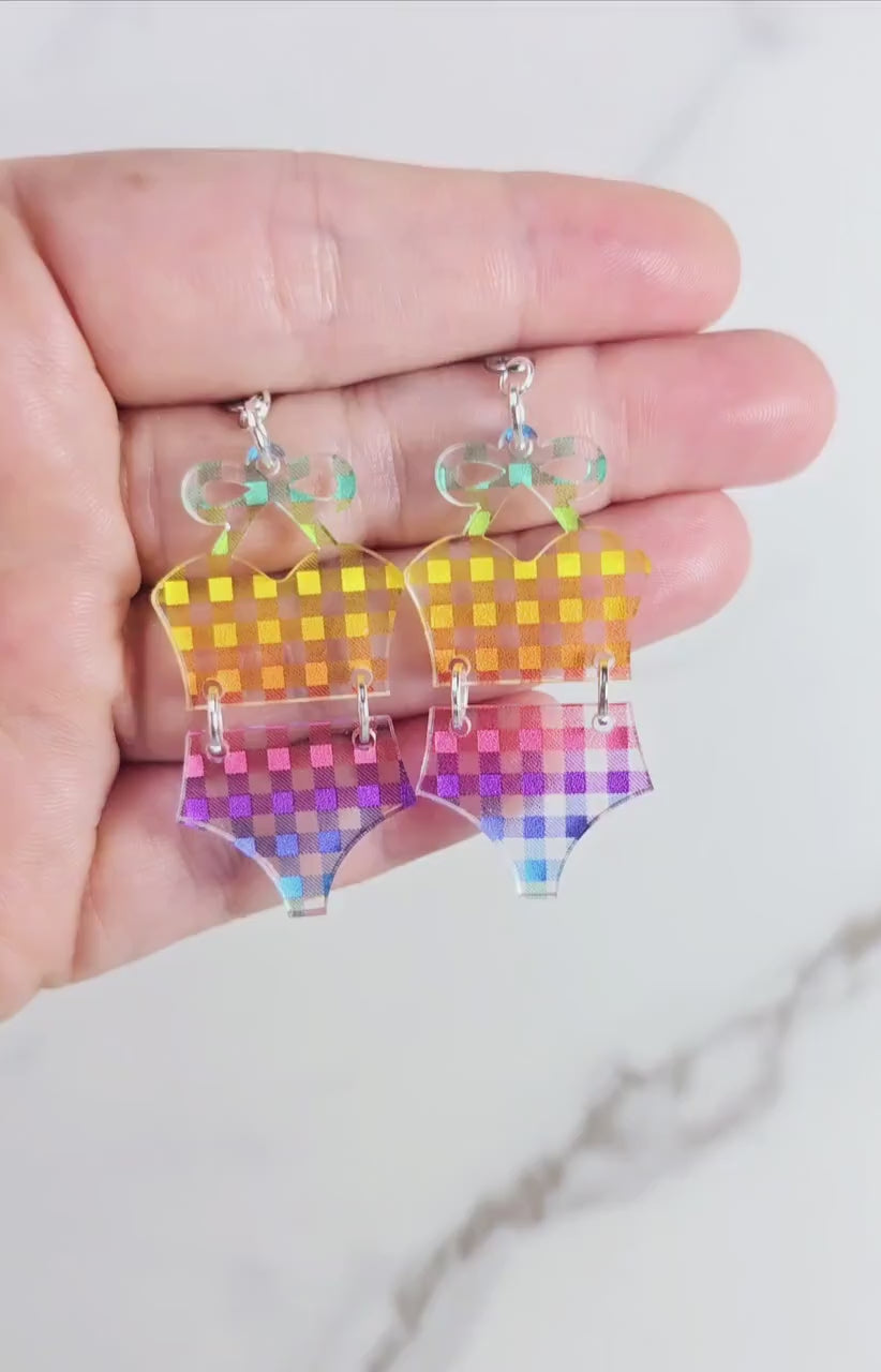 Rainbow Checkered Bathing Suit Earrings, Checkered Swimsuit Earrings, Beach Earrings, Vacation Earrings, Gift for Her, Pride Earrings