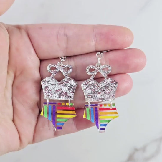 Rainbow Bathing Suit Earrings, Swimsuit Earrings, Beach Earrings, Summer Earrings, Vacation Earrings, Gift for her, Pride Earrings