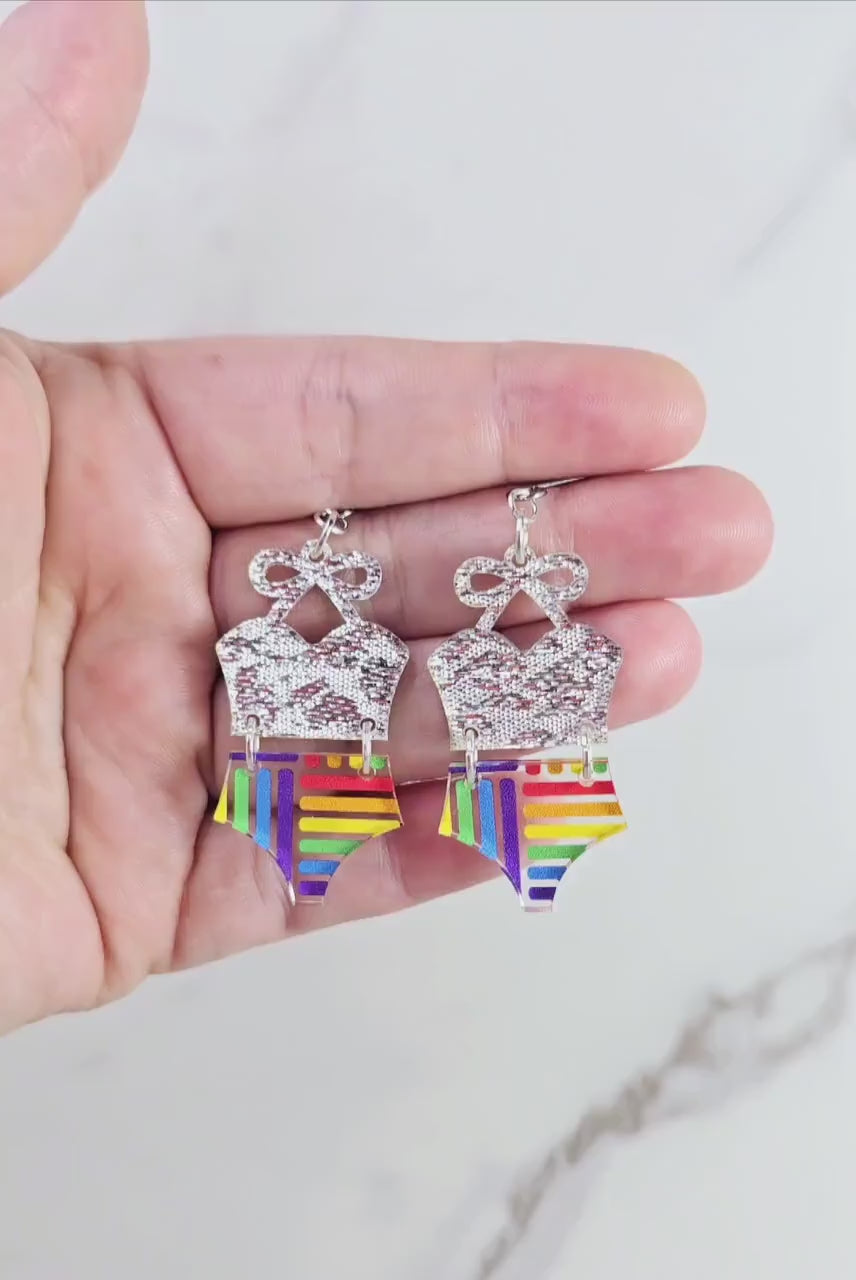 Rainbow Bathing Suit Earrings, Swimsuit Earrings, Beach Earrings, Summer Earrings, Vacation Earrings, Gift for her, Pride Earrings