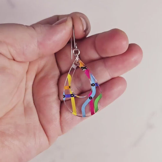 Colorful Subway Map Tear Drop Dangle Earrings, Rainbow Earrings, Gift for Her, Gift For Mom, Handmade Earrings, Unique Earrings