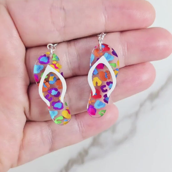 Leopard Flip Flop Earrings, Summer Earrings, Beach Earrings, Rainbow Earrings, Gift for Her, Vacation Earrings, Pride Earrings