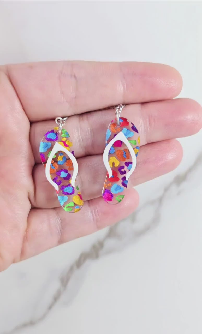 Leopard Flip Flop Earrings, Summer Earrings, Beach Earrings, Rainbow Earrings, Gift for Her, Vacation Earrings, Pride Earrings