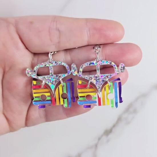 Rainbow Retro Van Earrings, Vintage Van Earrings, Groovy Earrings, Hippie Earrings, Rainbow Earrings, Gift for Her, Holo Earrings