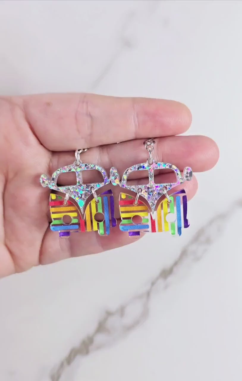 Rainbow Retro Van Earrings, Vintage Van Earrings, Groovy Earrings, Hippie Earrings, Rainbow Earrings, Gift for Her, Holo Earrings