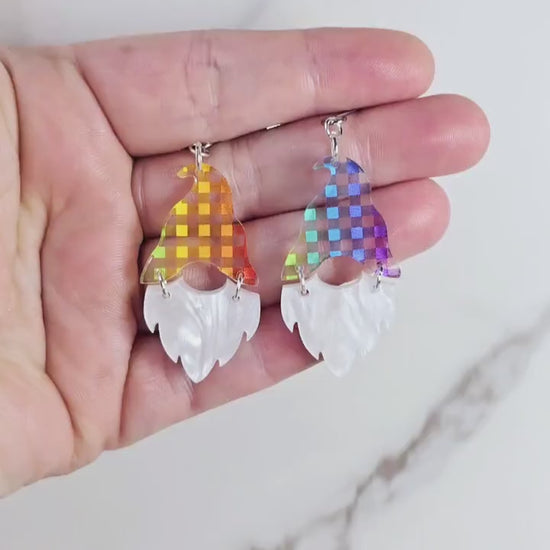 Checkered Gnome Earrings, Summer Earrings, Vacation Earrings, Rainbow Earrings, Gift for Her, Pride Earrings, Ally Earrings, Gift for Them