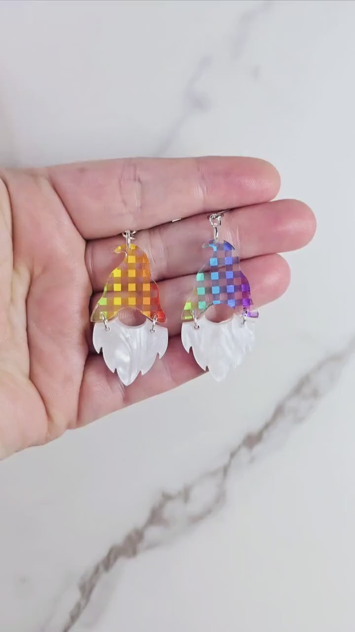 Checkered Gnome Earrings, Summer Earrings, Vacation Earrings, Rainbow Earrings, Gift for Her, Pride Earrings, Ally Earrings, Gift for Them