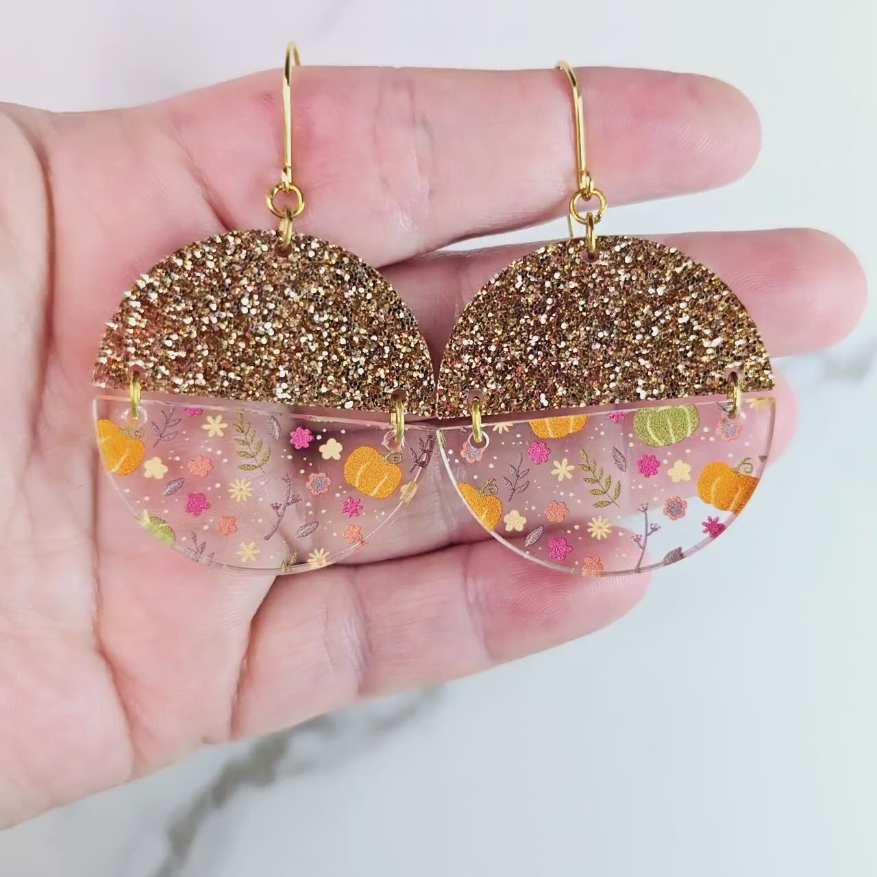 Pumpkins and Glitter Dangles, Fall Earrings, Unique Autumn Earrings, Pumpkin Earrings, Gift for Wife, Daughter, Mom, Friend, or Coworker