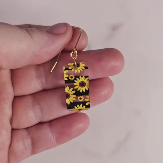 Rectangular Sunflower Dangle Earrings, Gift for Her, Summer Earrings, Gift for Mom, Boho Earrings,  Spring Earrings, Floral Earrings