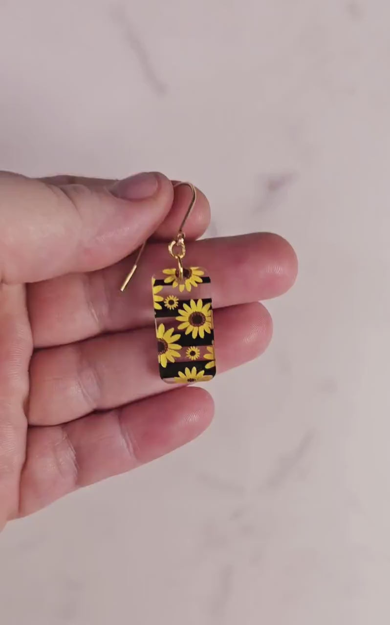 Rectangular Sunflower Dangle Earrings, Gift for Her, Summer Earrings, Gift for Mom, Boho Earrings,  Spring Earrings, Floral Earrings