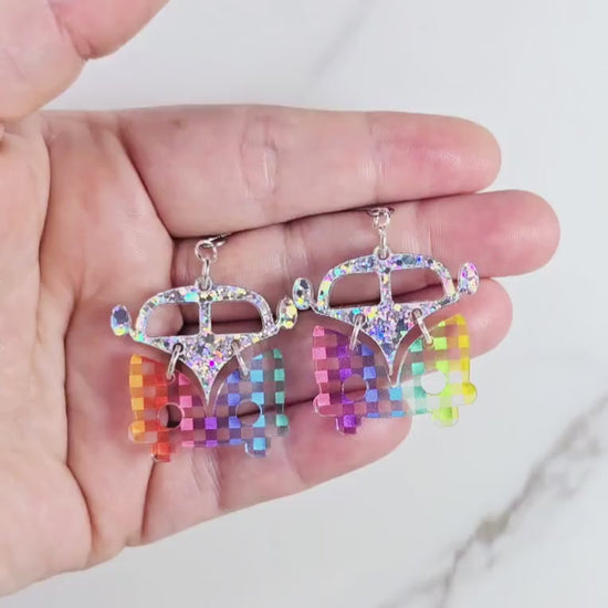 Checkered Retro Van Earrings, Vintage Van Earrings, Groovy Earrings, Hippie Earrings, Rainbow Earrings, Gift for Her, Holo Earrings