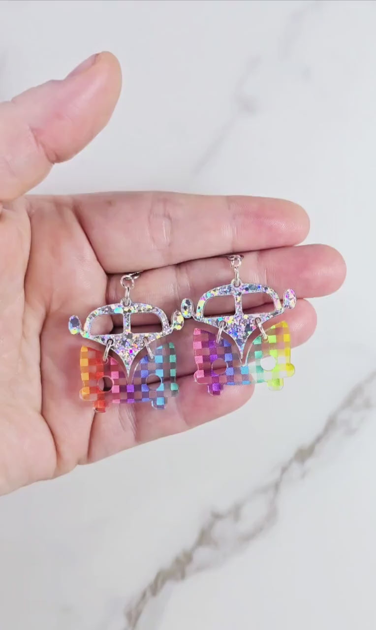 Checkered Retro Van Earrings, Vintage Van Earrings, Groovy Earrings, Hippie Earrings, Rainbow Earrings, Gift for Her, Holo Earrings