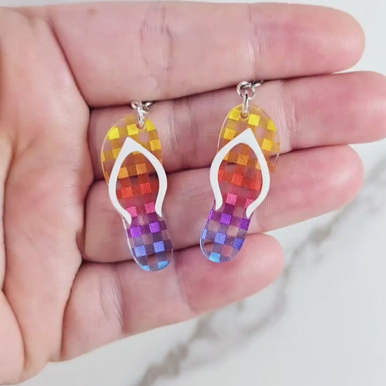 Rainbow Checkered Flip Flop Earrings, Summer Earrings, Vacation Earrings, Beach Earrings, Rainbow Earrings, Gift for Her, Pride Earrings