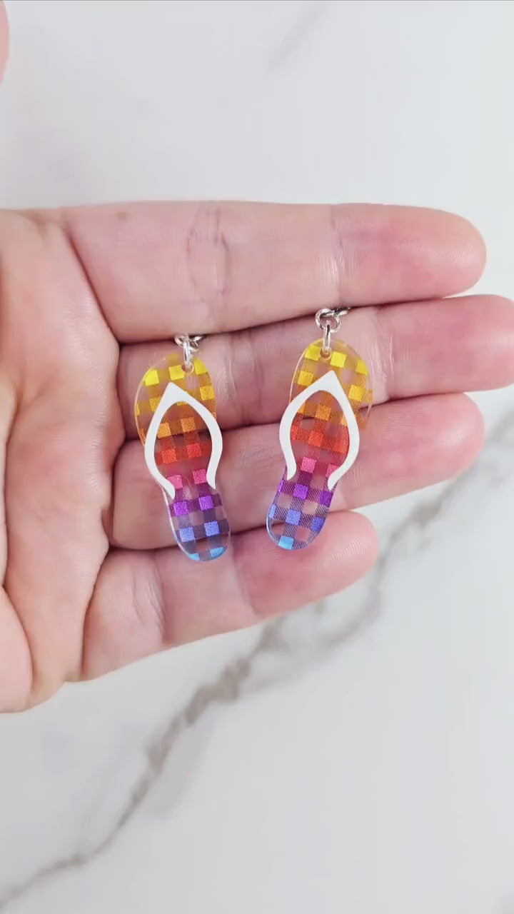 Rainbow Checkered Flip Flop Earrings, Summer Earrings, Vacation Earrings, Beach Earrings, Rainbow Earrings, Gift for Her, Pride Earrings