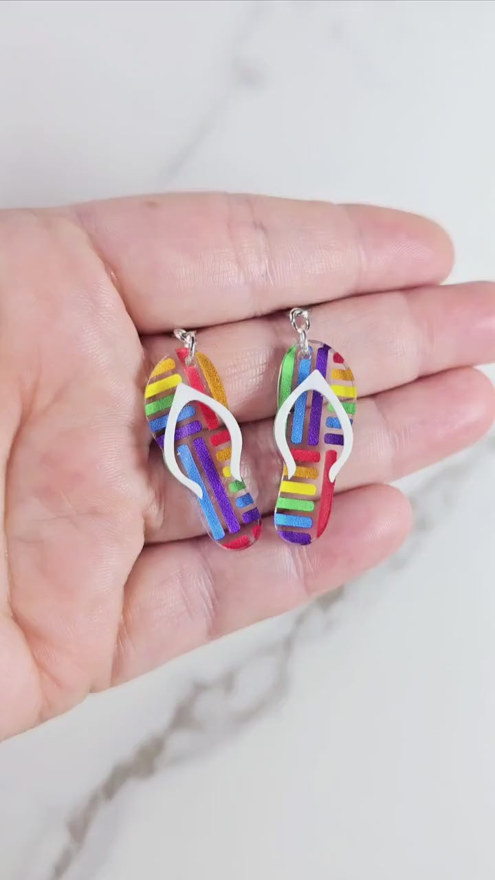 Rainbow Flip Flop Earrings, Summer Earrings, Vacation Earrings, Beach Earrings, Gift for Her, Pride Earrings, Ally Earrings, Gift for Them