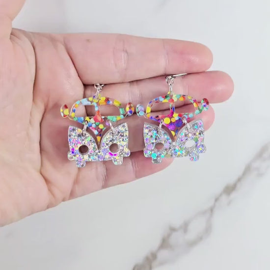 Polka Dot Retro Van Earrings, Vintage Van Earrings, Groovy Earrings, Hippie Earrings, Rainbow Earrings, Gift for Her, Holo Earrings